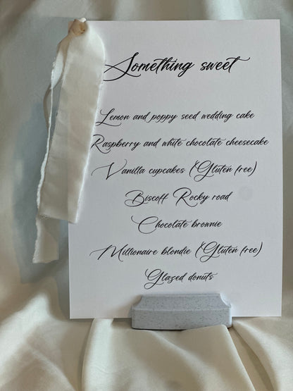 CHAMPAGNE Chiffon Ribbon Printed Calligraphy Ribbon A5 A6 Menu Card | Custom Printed Calligraphy Wedding Menu Skinny Card | Gold or Silver Eyelet Menu