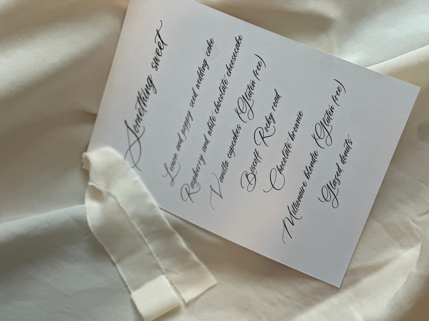 CHAMPAGNE Chiffon Ribbon Printed Calligraphy Ribbon A5 A6 Menu Card | Custom Printed Calligraphy Wedding Menu Skinny Card | Gold or Silver Eyelet Menu