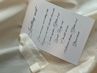 CHAMPAGNE Chiffon Ribbon Printed Calligraphy Ribbon A5 A6 Menu Card | Custom Printed Calligraphy Wedding Menu Skinny Card | Gold or Silver Eyelet Menu