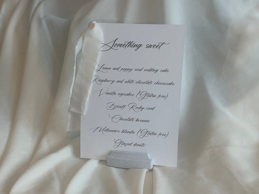 CHAMPAGNE Chiffon Ribbon Printed Calligraphy Ribbon A5 A6 Menu Card | Custom Printed Calligraphy Wedding Menu Skinny Card | Gold or Silver Eyelet Menu