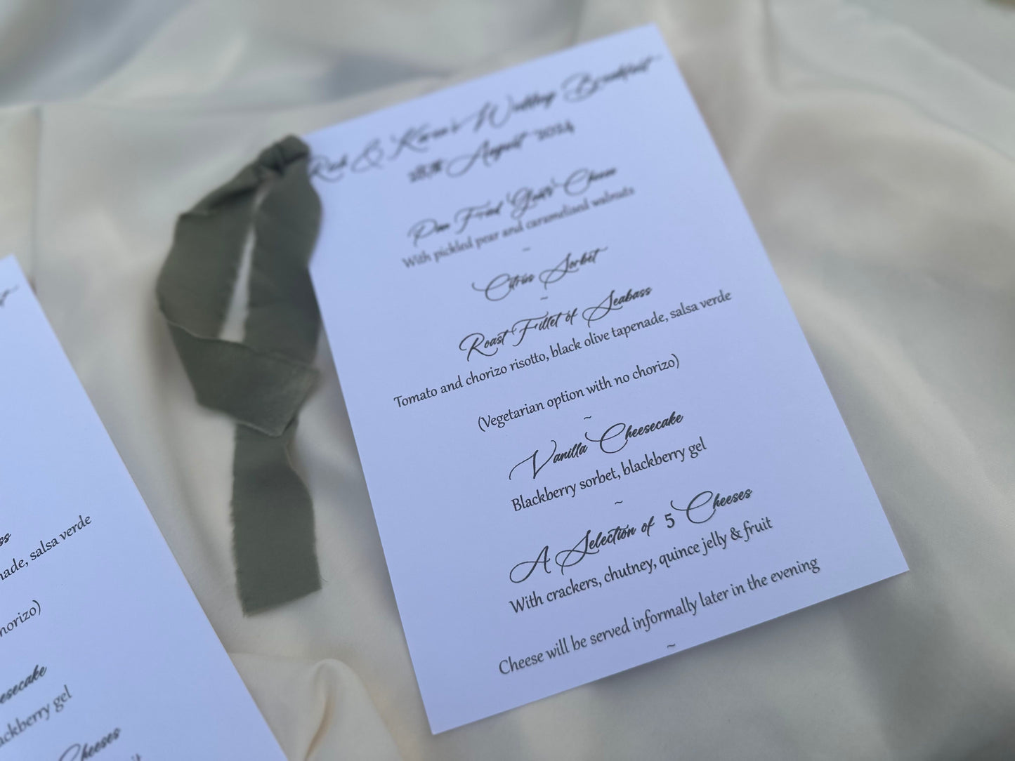 EUCALYPTUS Chiffon Ribbon Printed Calligraphy Ribbon A5 A6 Menu Card | Custom Printed Calligraphy Wedding Menu Skinny Card | Gold or Silver Eyelet Menu