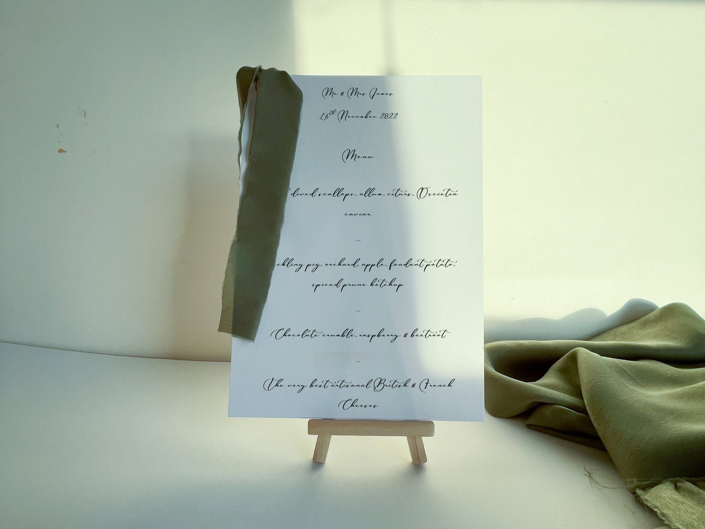 EUCALYPTUS Chiffon Ribbon Printed Calligraphy Ribbon A5 A6 Menu Card | Custom Printed Calligraphy Wedding Menu Skinny Card | Gold or Silver Eyelet Menu