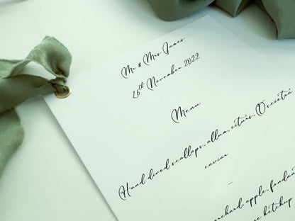 EUCALYPTUS Chiffon Ribbon Printed Calligraphy Ribbon A5 A6 Menu Card | Custom Printed Calligraphy Wedding Menu Skinny Card | Gold or Silver Eyelet Menu