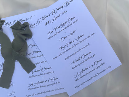 EUCALYPTUS Chiffon Ribbon Printed Calligraphy Ribbon A5 A6 Menu Card | Custom Printed Calligraphy Wedding Menu Skinny Card | Gold or Silver Eyelet Menu