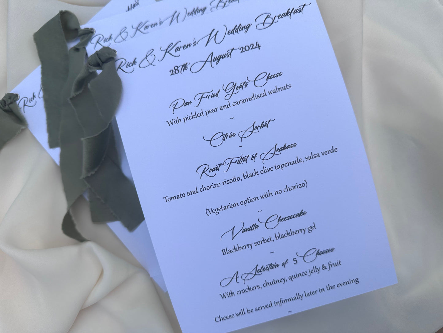 EUCALYPTUS Chiffon Ribbon Printed Calligraphy Ribbon A5 A6 Menu Card | Custom Printed Calligraphy Wedding Menu Skinny Card | Gold or Silver Eyelet Menu
