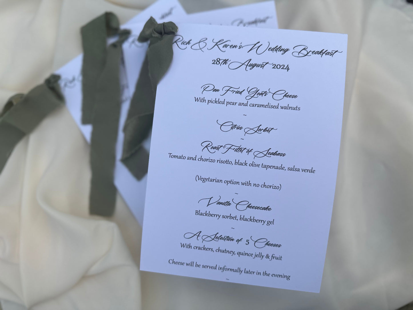 EUCALYPTUS Chiffon Ribbon Printed Calligraphy Ribbon A5 A6 Menu Card | Custom Printed Calligraphy Wedding Menu Skinny Card | Gold or Silver Eyelet Menu