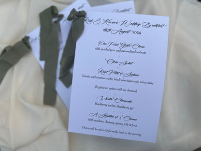 EUCALYPTUS Chiffon Ribbon Printed Calligraphy Ribbon A5 A6 Menu Card | Custom Printed Calligraphy Wedding Menu Skinny Card | Gold or Silver Eyelet Menu