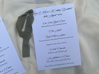 EUCALYPTUS Chiffon Ribbon Printed Calligraphy Ribbon A5 A6 Menu Card | Custom Printed Calligraphy Wedding Menu Skinny Card | Gold or Silver Eyelet Menu