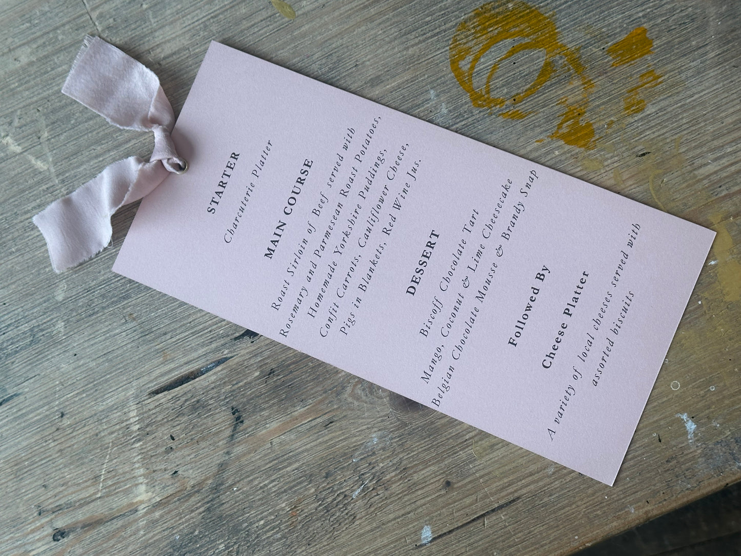 Skinny Wedding Menu Cards with Ribbon | Printed Calligraphy Menus