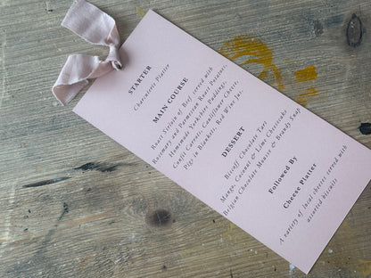 Skinny Wedding Menu Cards with Ribbon | Printed Calligraphy Menus