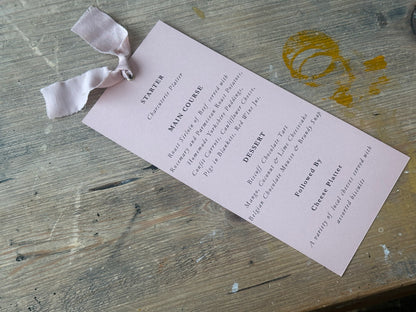 Skinny Wedding Menu Cards with Ribbon | Printed Calligraphy Menus