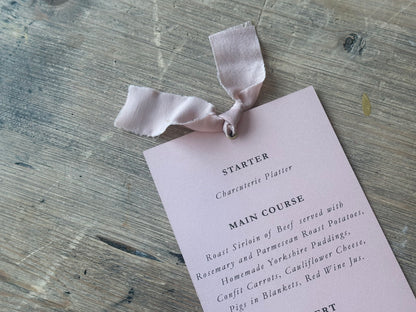 Skinny Wedding Menu Cards with Ribbon | Printed Calligraphy Menus
