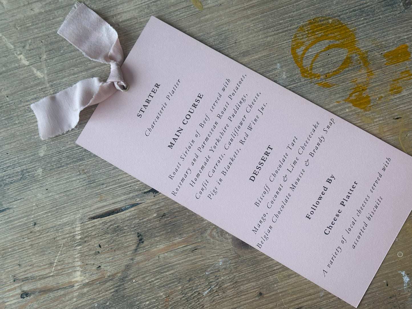 Skinny Wedding Menu Cards with Ribbon | Printed Calligraphy Menus