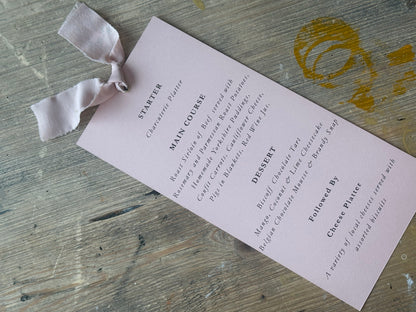 Skinny Wedding Menu Cards with Ribbon | Printed Calligraphy Menus