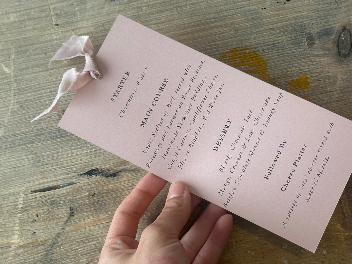 Skinny Wedding Menu Cards with Ribbon | Printed Calligraphy Menus