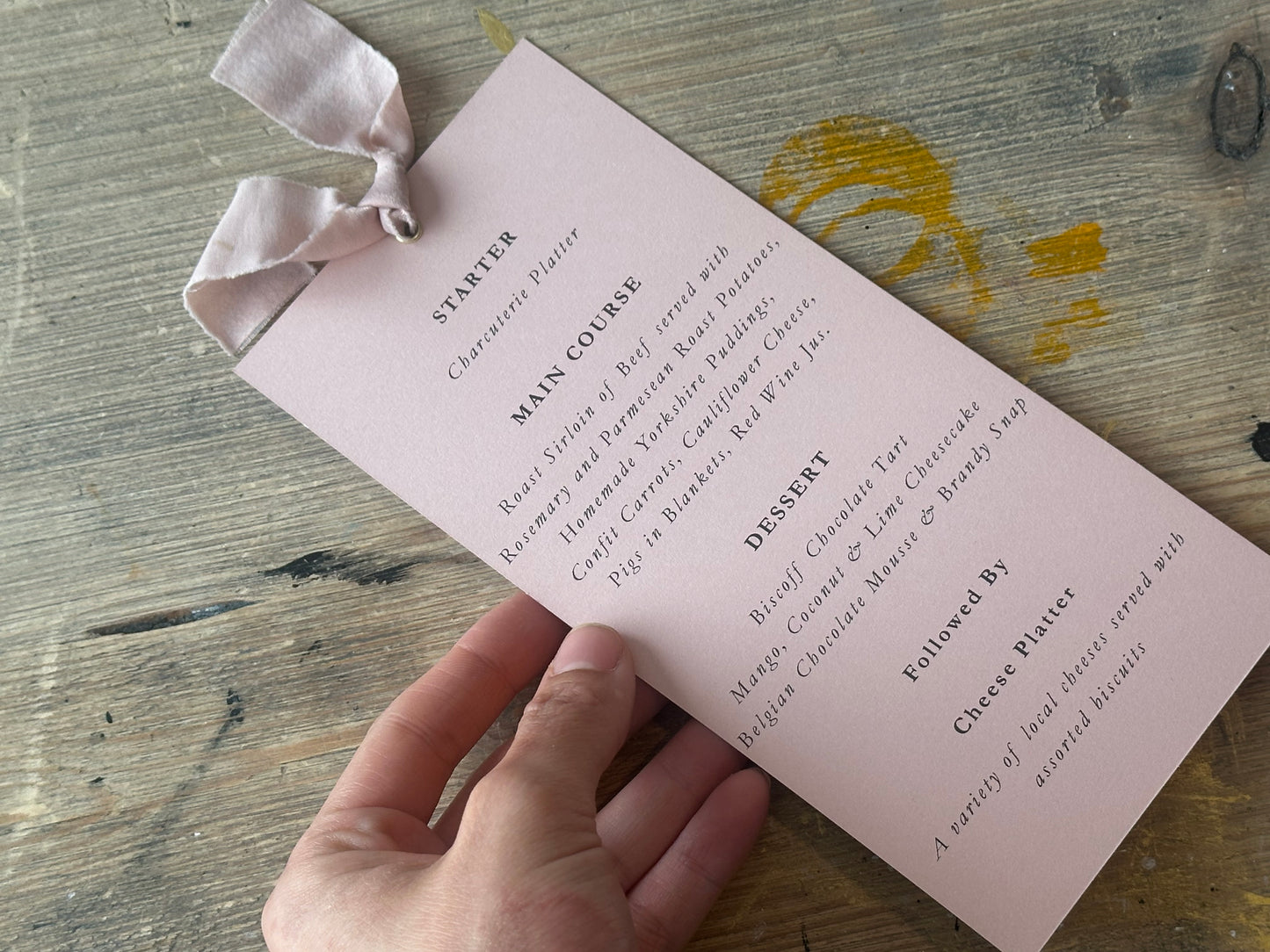 Skinny Wedding Menu Cards with Ribbon | Printed Calligraphy Menus