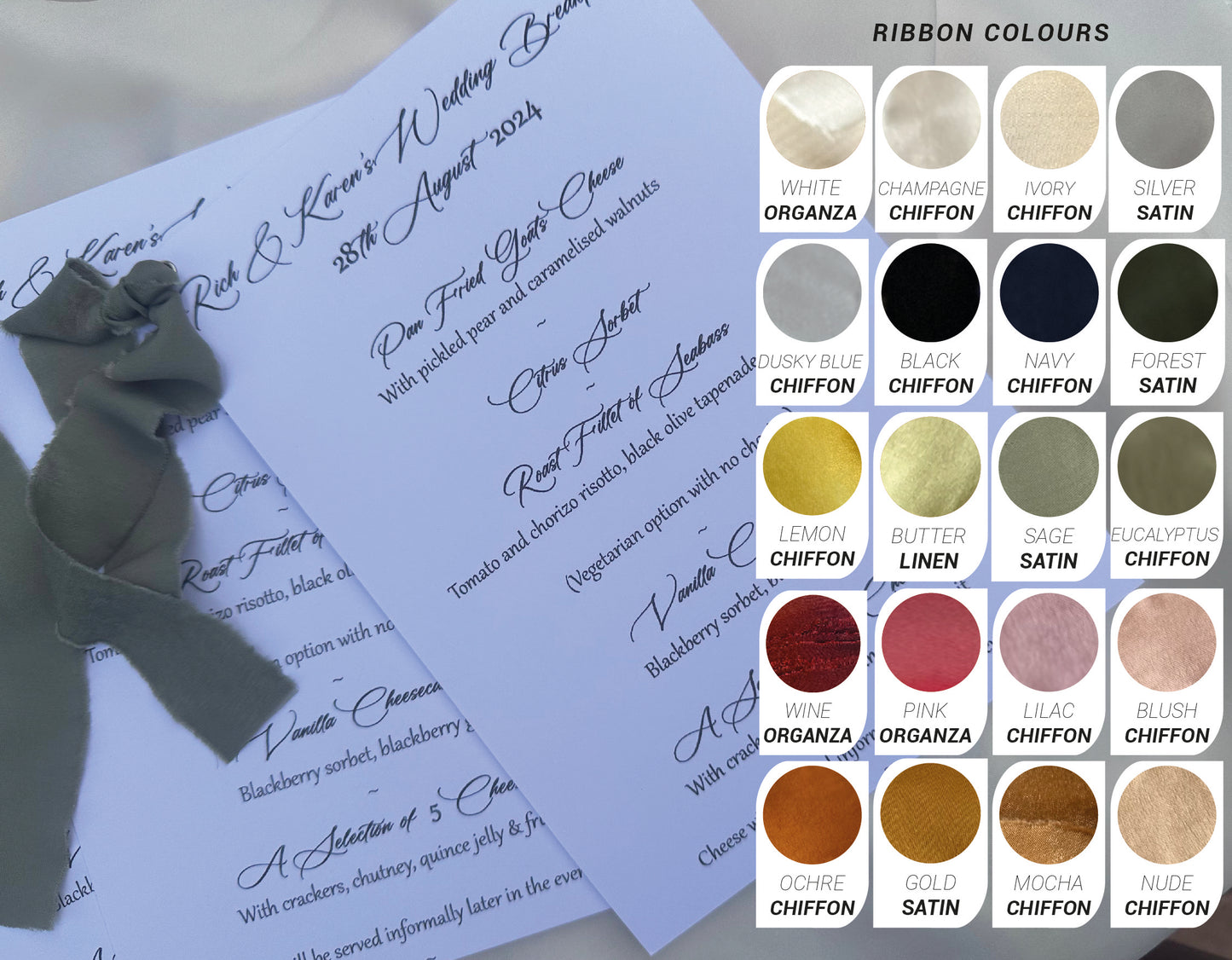 Printed Calligraphy Ribbon A5 A6 Menu Card | Custom Printed Calligraphy Wedding Menu Skinny Card | Gold or Silver Eyelet Menu