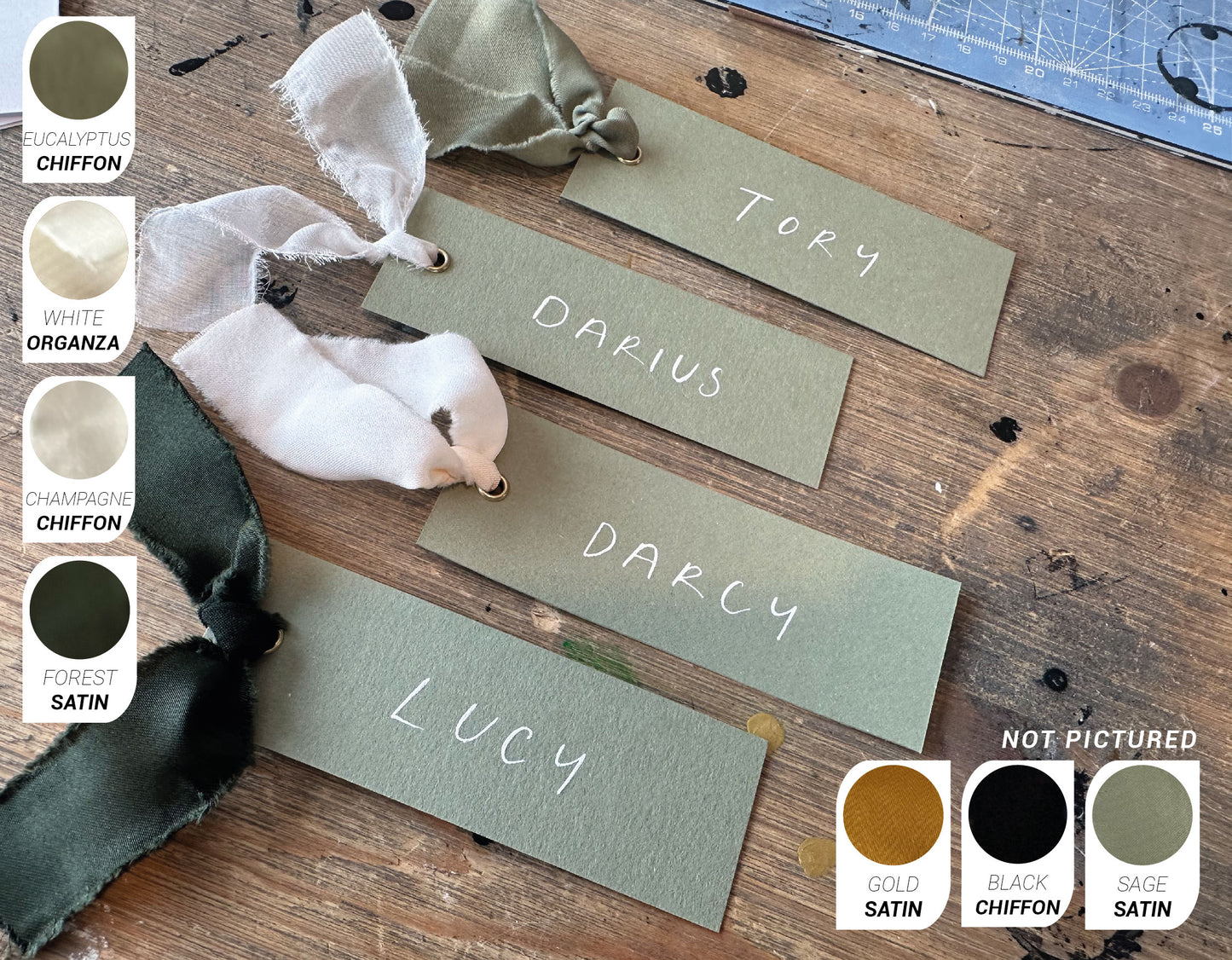 EUCALYPTUS Minimal Handwritten Ribbon Place Name Card | Block Capital Wedding Place Name Card | Gold or Silver Eyelet