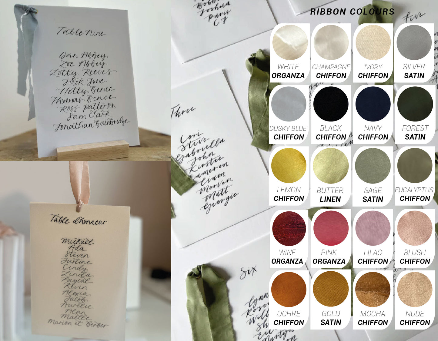 Ribbon Calligraphy Vellum Table Plan Card | A5 Calligraphy Wedding Table Plan Card | Gold or Silver Eyelet