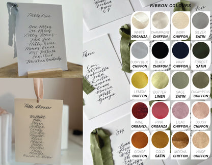 Ribbon Calligraphy Vellum Table Plan Card | A5 Calligraphy Wedding Table Plan Card | Gold or Silver Eyelet