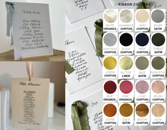 Ribbon Calligraphy Vellum Table Plan Card | A5 Calligraphy Wedding Table Plan Card | Gold or Silver Eyelet