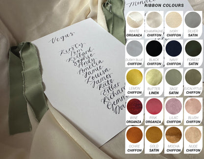 Ribbon Calligraphy Wedding A5 Table Plan Card | White Card Hand Written Calligraphy Table Plan Card | Mirror Table Plan Cards | DIY Table Plan Card