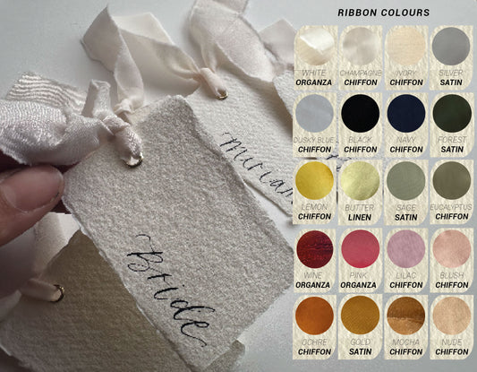 HANDMADE PAPER Place Card Chiffon Ribbon | Calligraphy Wedding Place Name Card | Gold or Silver Eyelet