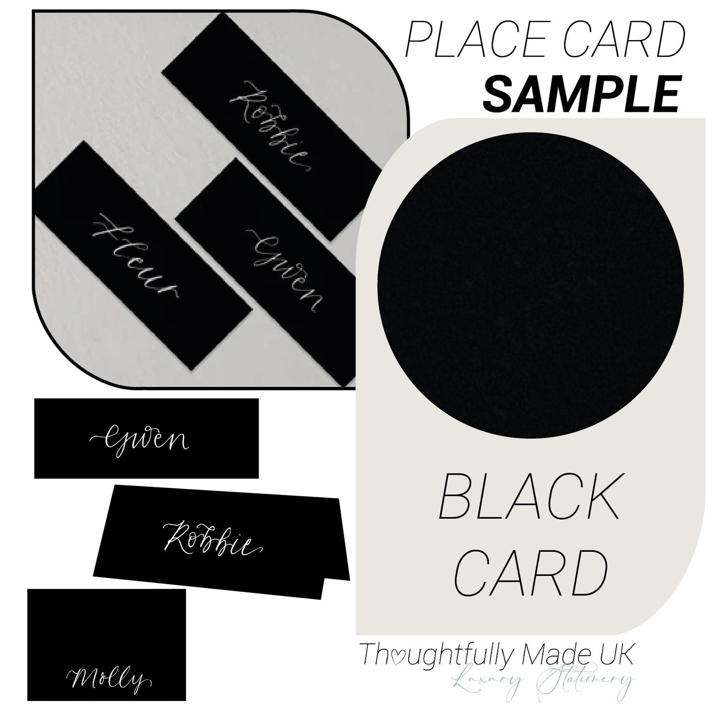 BLACK Place Card Sample | Calligraphy Wedding Place Name Card | Tented, Flat, Square