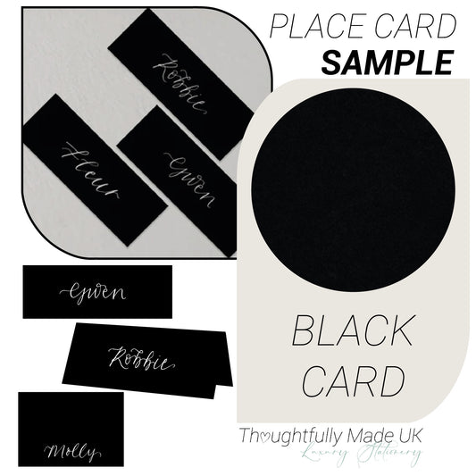 BLACK Place Card Sample | Calligraphy Wedding Place Name Card | Tented, Flat, Square