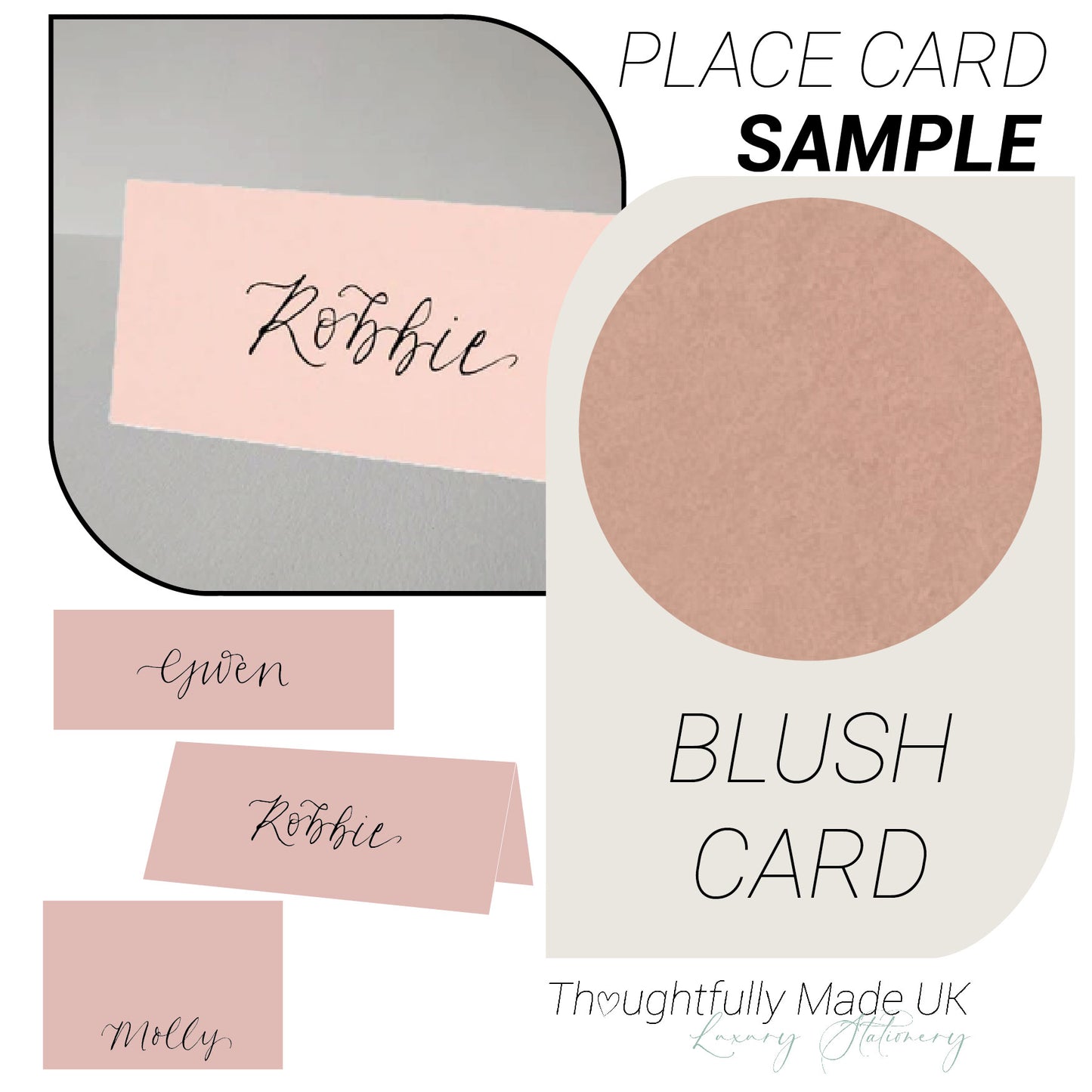 BLUSH Pink Place Card Sample | Calligraphy Wedding Place Name Card | Tented, Flat, Square