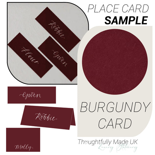 BURGUNDY Place Card Sample | Calligraphy Wedding Place Name Card | Tented, Flat, Square