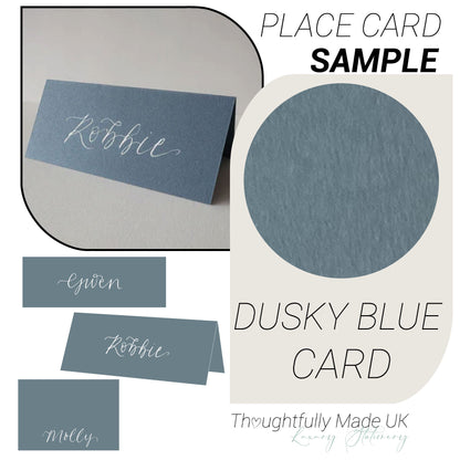 DUSKY BLUE Place Card Sample | Calligraphy Wedding Place Name Card | Tented, Flat, Square