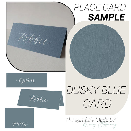 DUSKY BLUE Place Card Sample | Calligraphy Wedding Place Name Card | Tented, Flat, Square