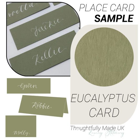 EUCALYPTUS Green Place Card Sample | Calligraphy Wedding Place Name Card | Tented, Flat, Square