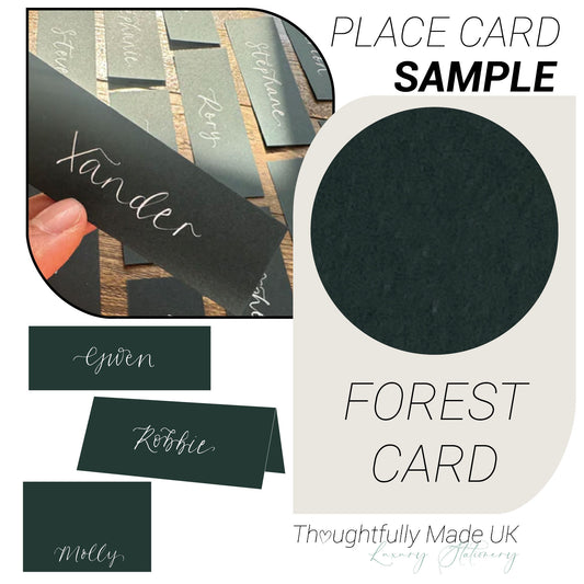 FOREST Green Place Card Sample | Calligraphy Wedding Place Name Card | Tented, Flat, Square