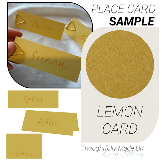 LEMON Yellow Place Card Sample | Calligraphy Wedding Place Name Card | Tented, Flat, Square