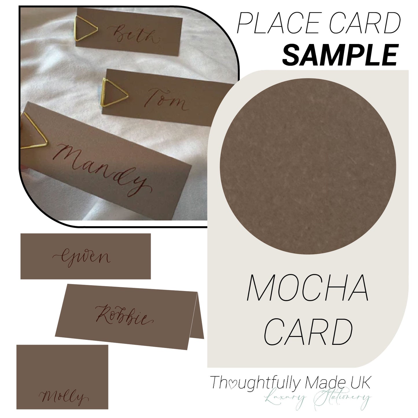 MOCHA Brown Place Card Sample | Calligraphy Wedding Place Name Card | Tented, Flat, Square