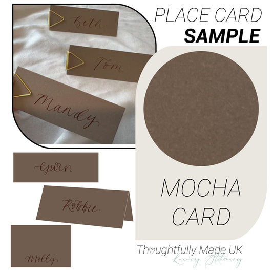 MOCHA Brown Place Card Sample | Calligraphy Wedding Place Name Card | Tented, Flat, Square