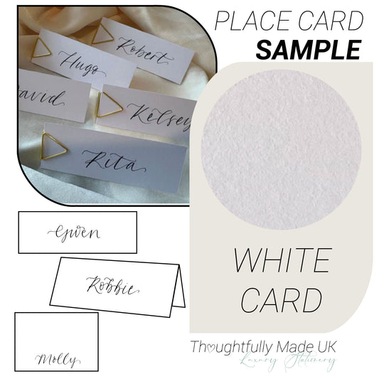 WHITE Place Card Sample | Calligraphy Wedding Place Name Card | Tented, Flat, Square