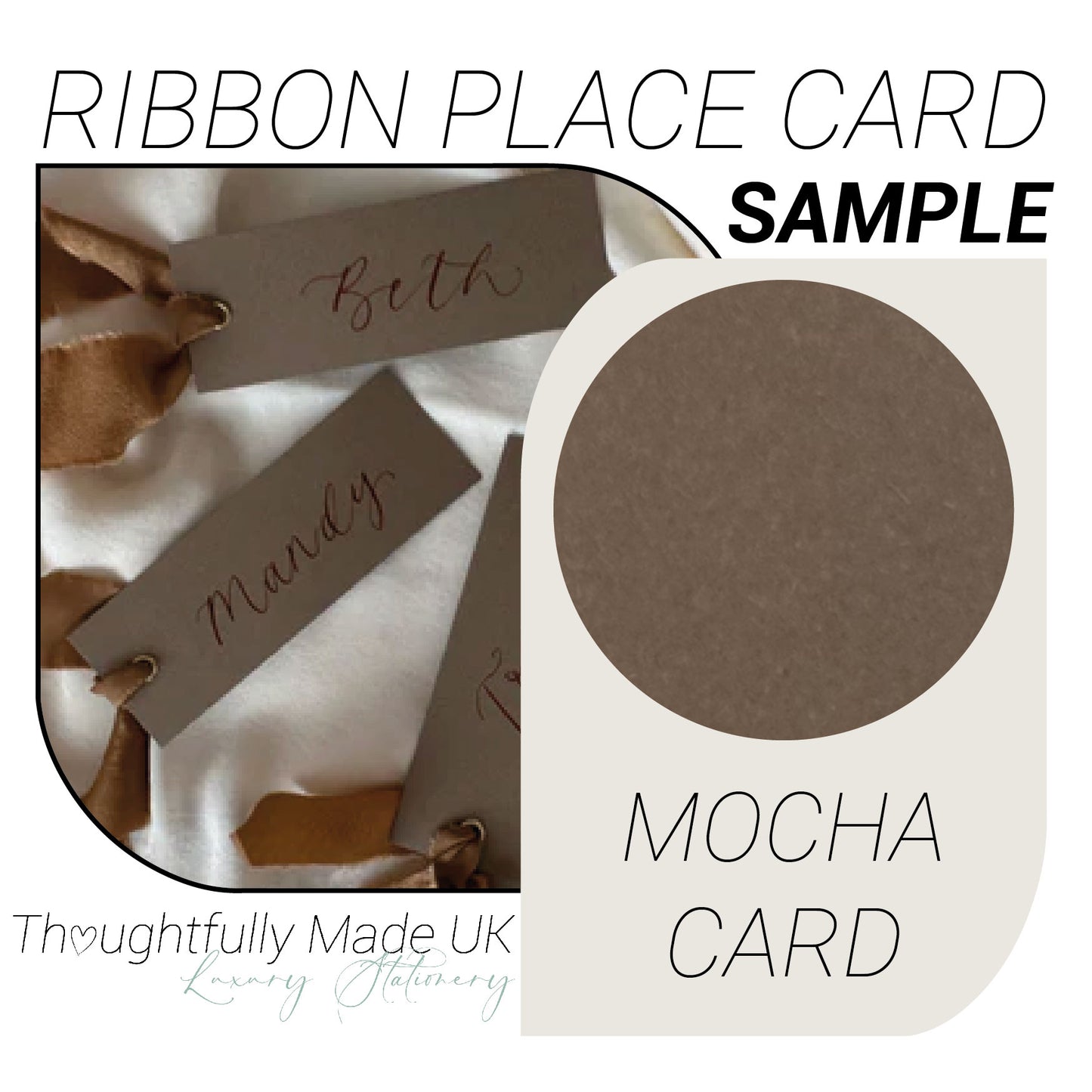MOCHA BROWN Place Card Sample | Calligraphy Wedding Place Name Card |