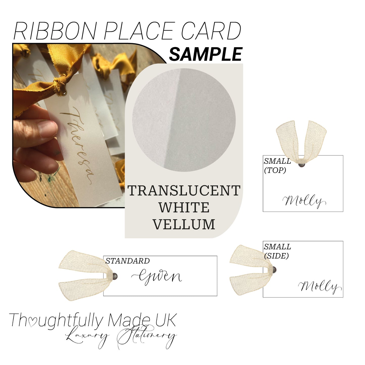Vellum (Translucent) Ribbon Wedding Place Card Sample | Chiffon, Satin & Organza