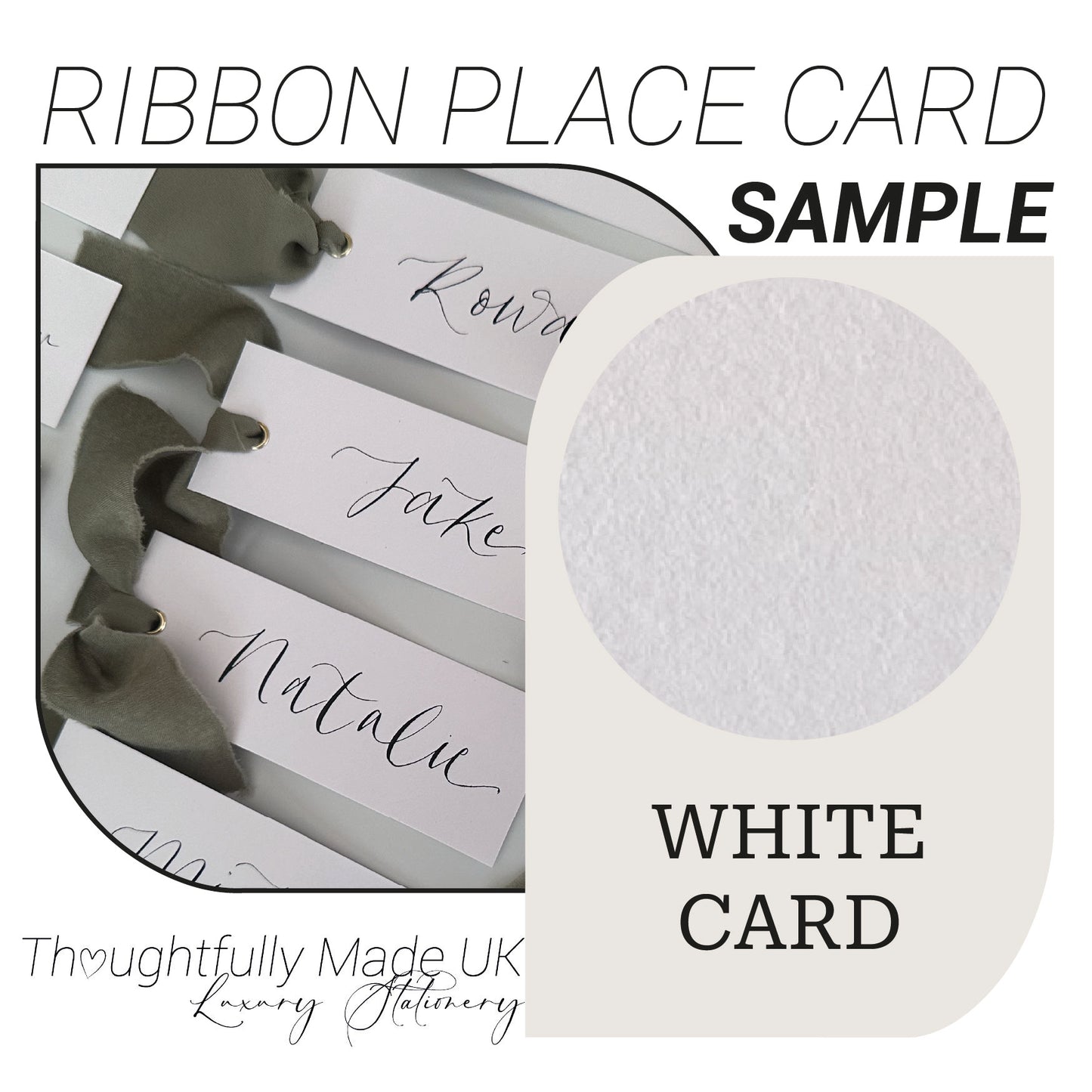 White Ribbon Wedding Place Card Sample | Chiffon, Satin & Organza