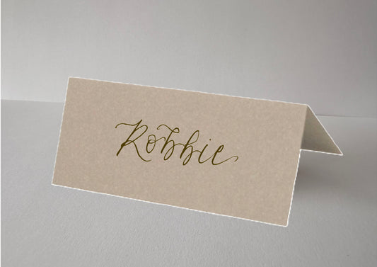 Mocha Tented Wedding Place Cards | Brown Calligraphy Place Cards