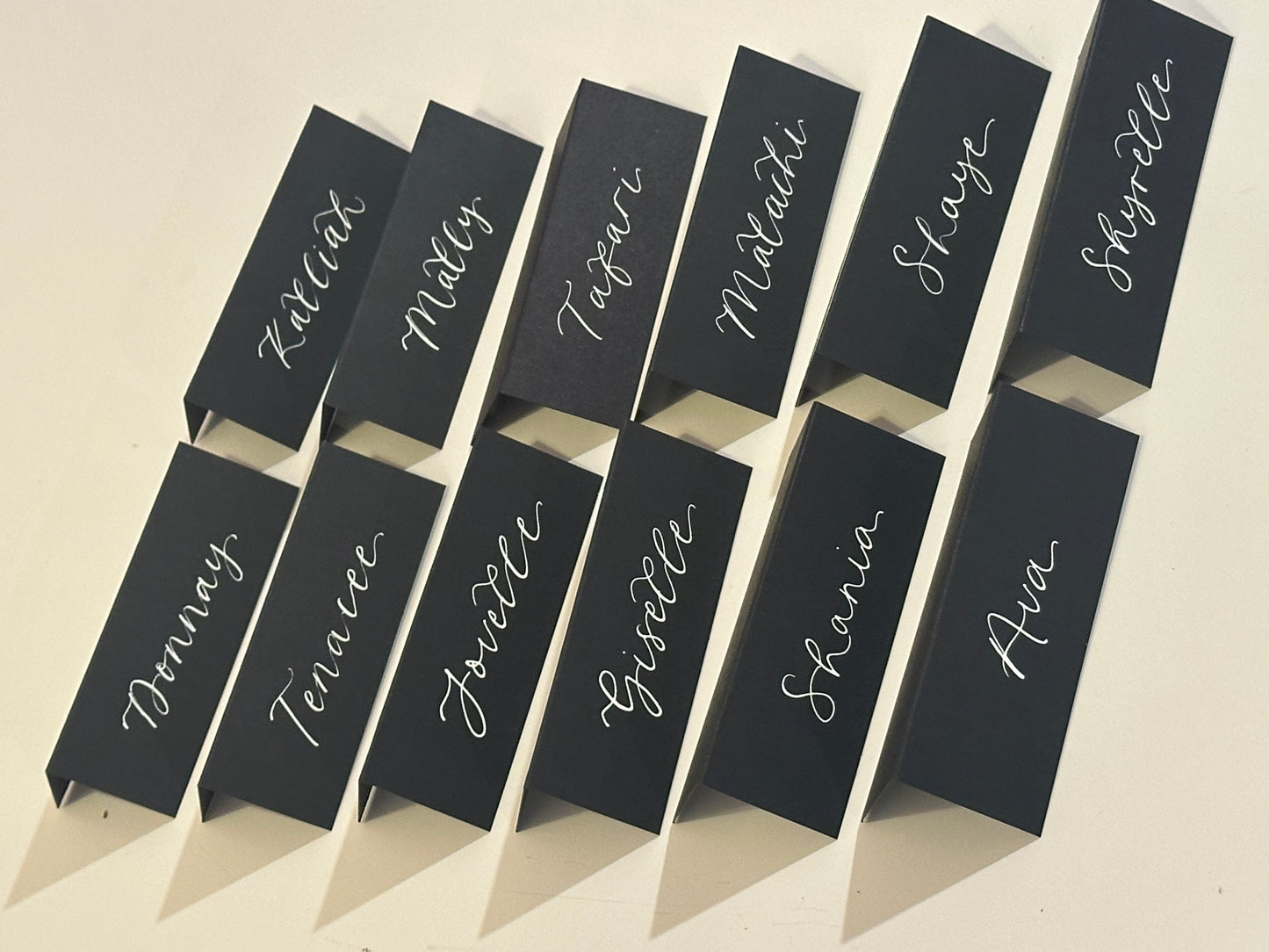 Black Tented Wedding Place Cards | Monochrome Calligraphy Place Cards