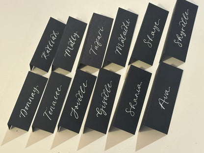 Black Tented Wedding Place Cards | Monochrome Calligraphy Place Cards