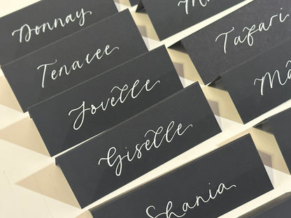 Black Tented Wedding Place Cards | Monochrome Calligraphy Place Cards