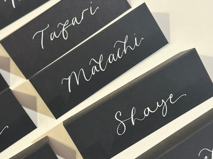 Black Tented Wedding Place Cards | Monochrome Calligraphy Place Cards