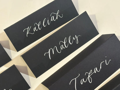 Black Tented Wedding Place Cards | Monochrome Calligraphy Place Cards