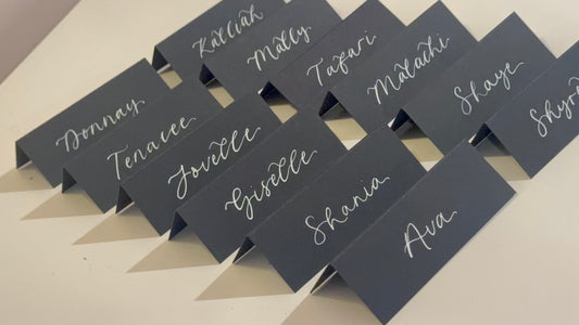 Black Tented Wedding Place Cards | Monochrome Calligraphy Place Cards