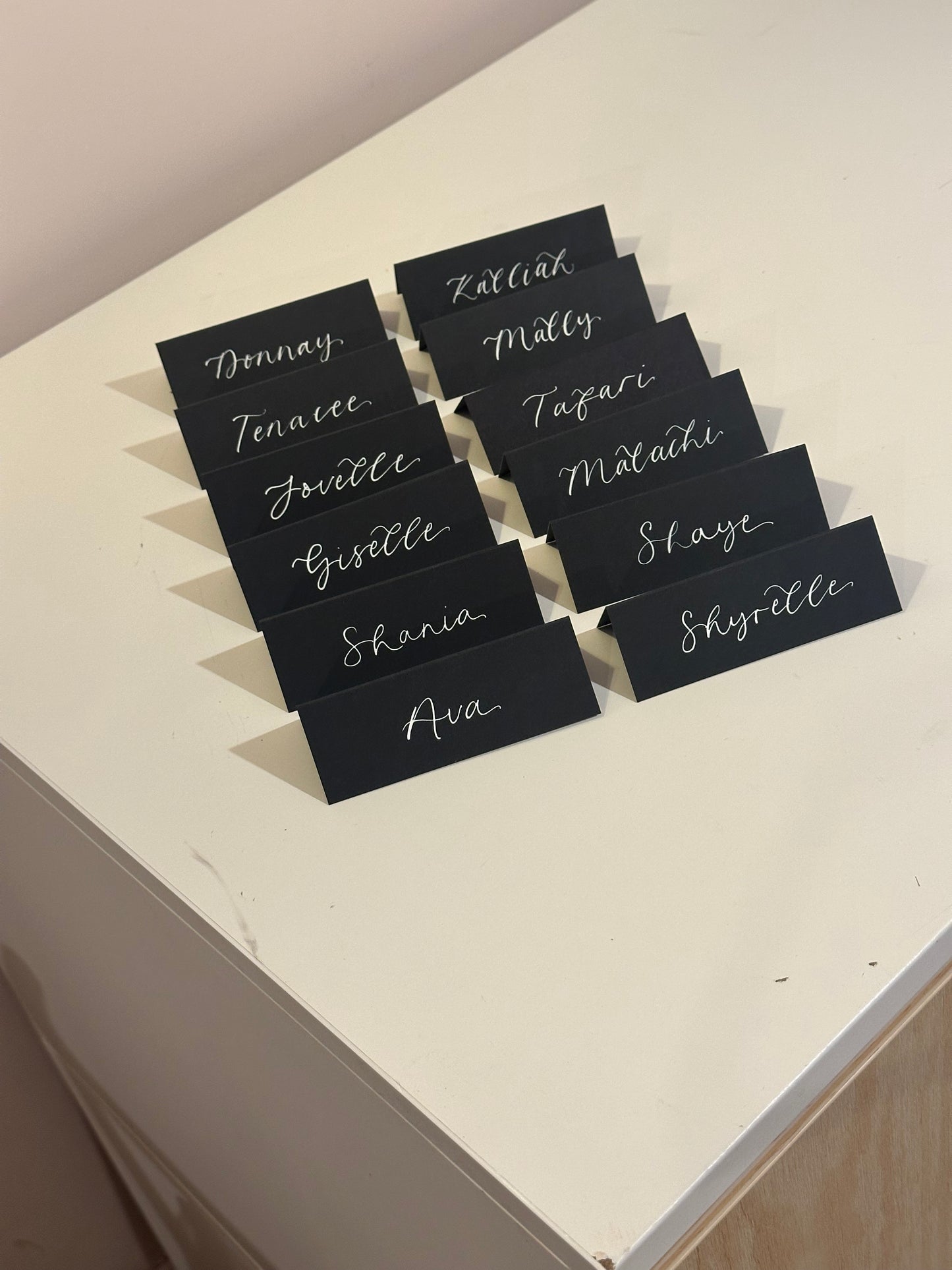 Black Tented Wedding Place Cards | Monochrome Calligraphy Place Cards